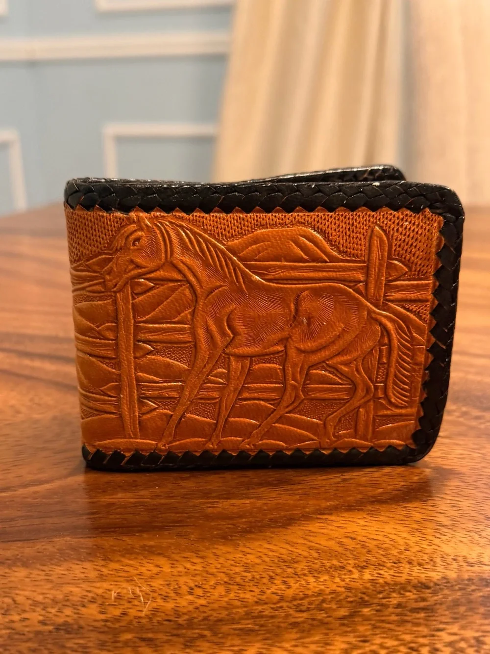 Handcrafted Tooled Brown Leather Wallet & Cardholder Set - Western Horse Design